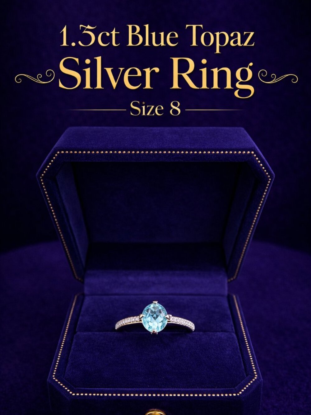 1.5ct Blue Topaz Silver Ring Size 8, Oval Topaz Engagement Ring